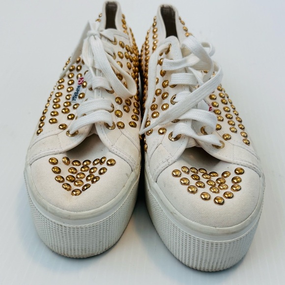 Superga Women's White and Gold Studded Sneakers platform - Picture 4 of 7